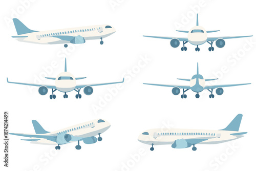 Different views of several airplanes on a white background showing various angles and positions during flight