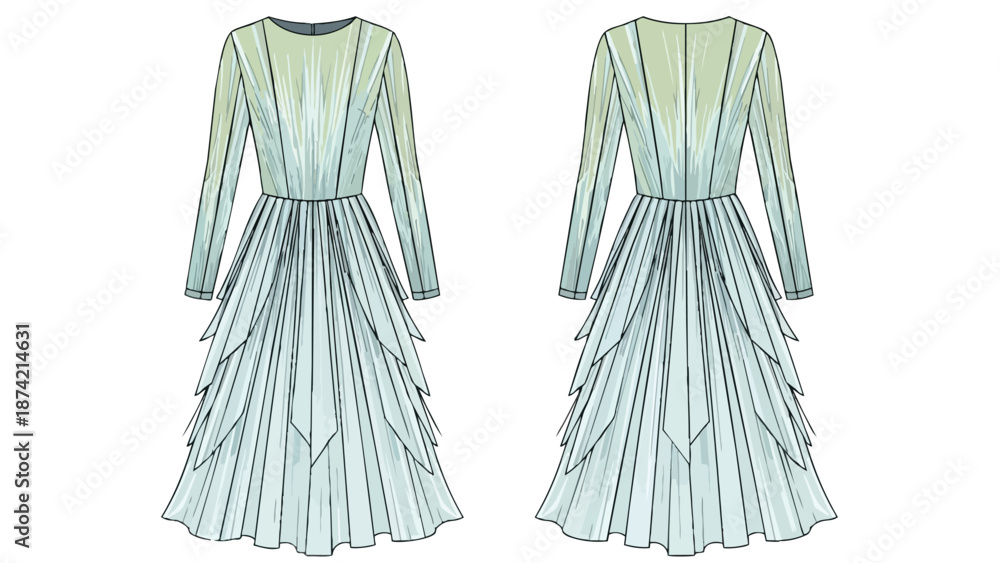 Obraz premium Elegant long-sleeved tiered gown fashion illustration showcasing intricate pleating and layered skirt design