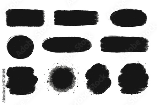 Paint strokes and ink spots used for design and art projects in various shapes and sizes on a white background