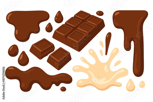 Chocolate bars and drops arranged with melted chocolate and cream on a white background for sweet treats and desserts