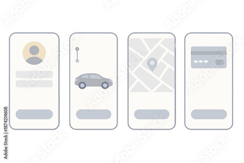 Digital interface showing user profile, car icon, map location, and payment information in a mobile application