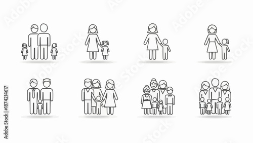 Collection of diverse family icons representing different family structures.