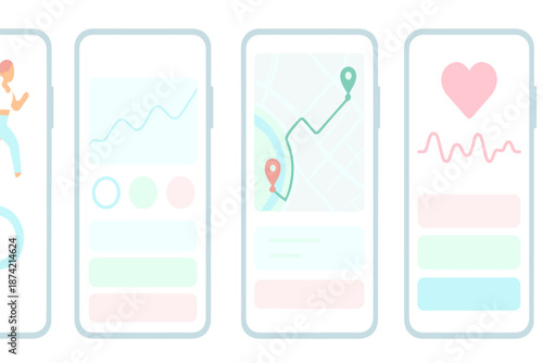 Multiple mobile phone screens show fitness tracking, health monitoring, and navigation apps in a digital display