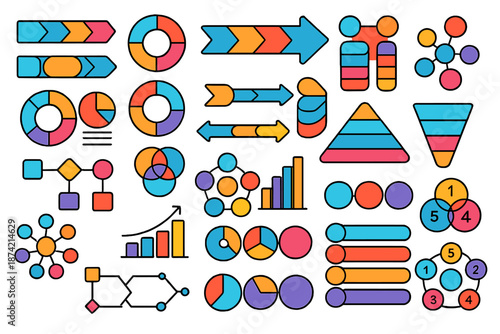 Colorful geometric shapes and graphs showing different data representations and designs for presentations or reports