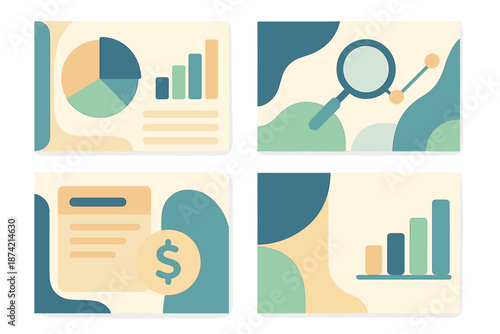 Colorful charts and graphs display business data in four sections for analysis and planning