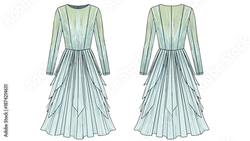 Elegant long-sleeved tiered gown fashion illustration showcasing intricate pleating and layered skirt design