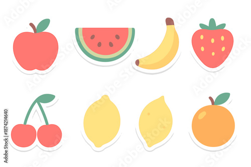 Colorful fruit illustrations including apples, watermelons, bananas, strawberries, cherries, lemons, and oranges on a simple background