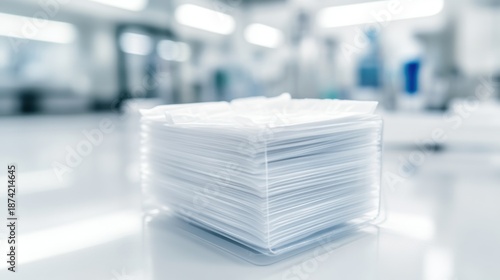 A neat stack of white disposable medical thermometer covers sits ready for use in a clinical setting