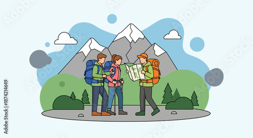 Group of hikers with backpacks reading map outdoors.