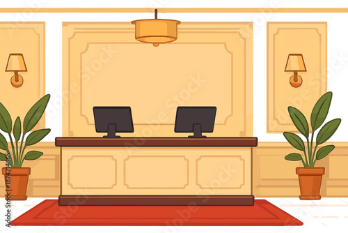 Reception area with two computer screens and large plants located inside a lobby