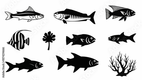Collection of Diverse Fish and Marine Life Silhouettes.