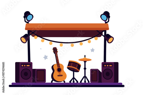 Live music setup with instruments and stage lights near audience area at event venue