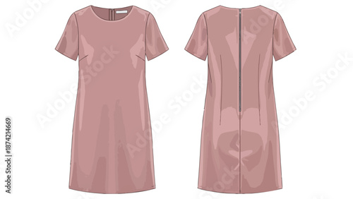 Elegant Blush Pink Shift Dress Front and Back View Technical Fashion Illustration with Zipper Detail
