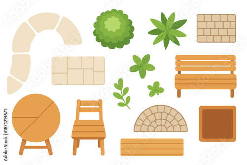 Wooden benches, tables, and plants arranged in a simple outdoor design for a garden setting during daytime