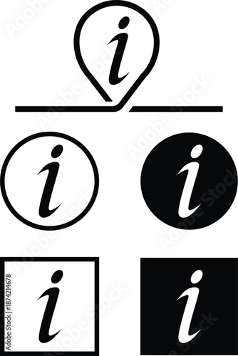 Minimal information and info symbol icons including location pin, circle, and square styles in outline and solid variations. Suitable for maps, UI, apps, websites, navigation, help design.