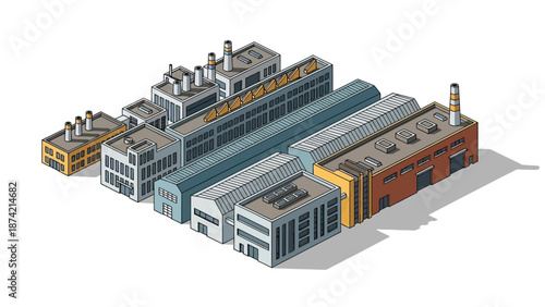 Isometric industrial buildings complex, a collection of factories and production facilities rendered in a clean, stylized design