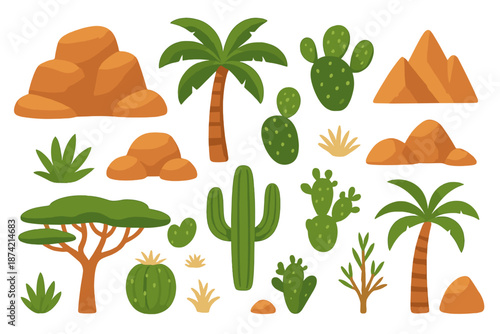 Desert landscape with various plants, rocks, and cacti arranged in a simple graphic style