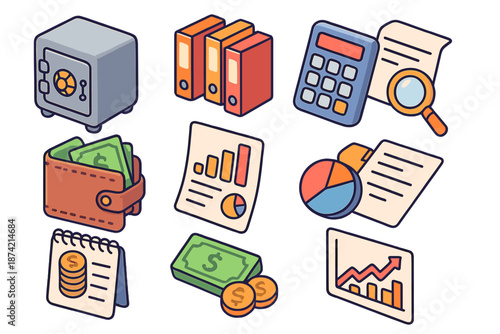 Financial tools and concepts are shown in a digital illustration with safe, wallet, charts, and more in a simple design