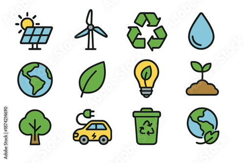 Icons representing renewable energy, sustainability, and environmental care arranged in a grid format with bright colors and simple designs