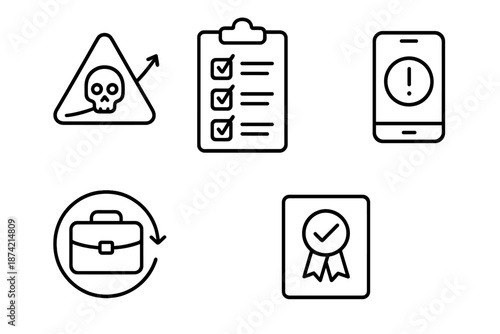 Warning symbols and a checklist display various safety and task management concepts in a digital format during work hours