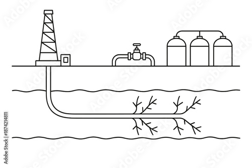 Illustration of an oil drilling site with pipes and storage tanks showing the extraction process of oil