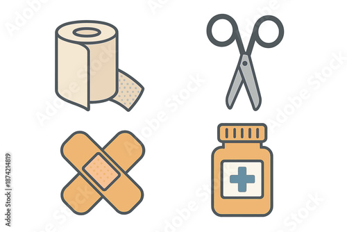 Supplies needed for first aid kit preparation in a home or office setting