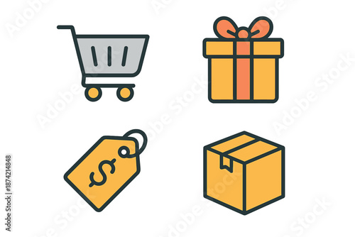 Shopping cart, gift box, price tag, and package icons for online retail shopping design