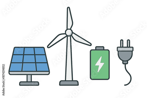 Renewable energy tools shown together with solar panel, wind turbine, battery, and plug for clean energy use