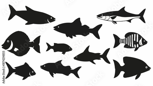 Collection of diverse fish silhouettes on a white background.