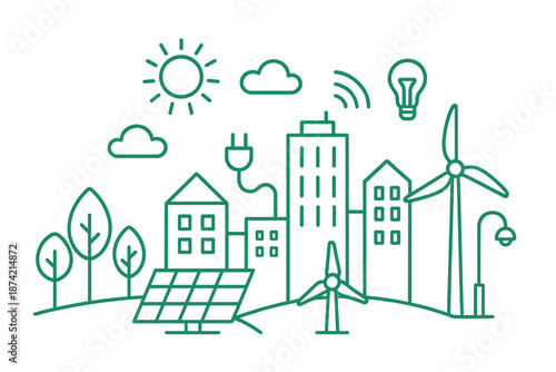 City landscape with wind turbines, solar panels, and buildings during daytime with sun and clouds in the sky