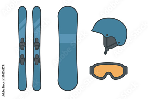 Equipment for skiing and snowboarding displayed on a flat surface with colors and shapes clear