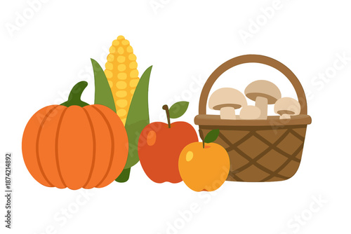 Seasonal harvest with corn, pumpkins, apples, and mushrooms in a basket shown together on a plain white background