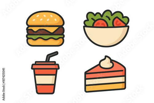 Different types of food items including a burger, salad, drink, and cake arranged in a simple layout