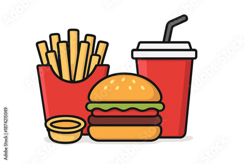 Fast food meal with burger, fries, and drink served in a simple setting with clear colors