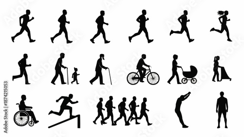 Collection of diverse human activity silhouettes in motion.