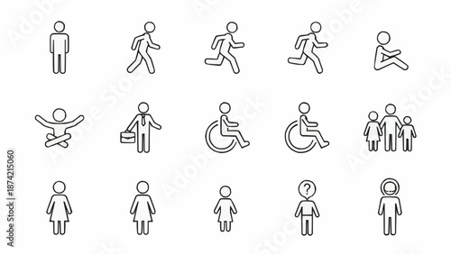 Collection of diverse human figure icons representing various activities and states.