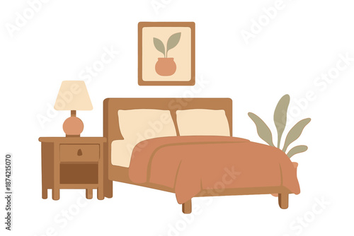 Simple bedroom design showing a bed, lamp, plant, and artwork in a modern style located in a home setting