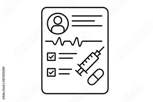 Health document with medical history and vaccination details showing a syringe and a pill on paper