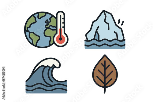 Climate change effects on Earth including rising temperatures, melting ice, ocean waves, and leaf changes over time