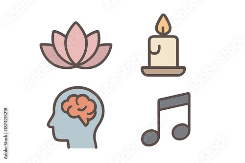 Symbols of mindfulness including lotus flower, candle, brain, and musical note arranged in a simple layout