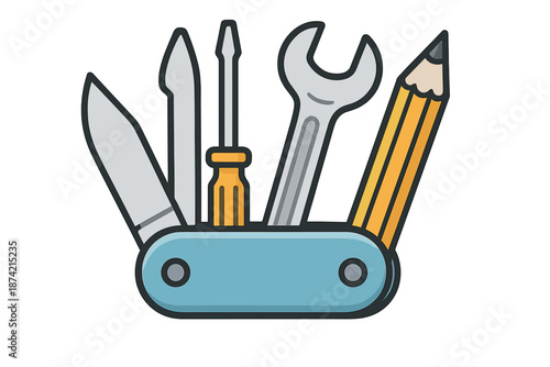Various tools displayed in a pocket tool kit with screws and a pencil next to a knife and screwdriver in a simple layout