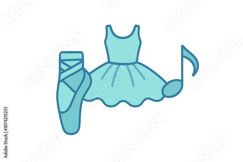Ballet dress, pointe shoe, and music note represent dance art form connected to performance and expression in a creative design