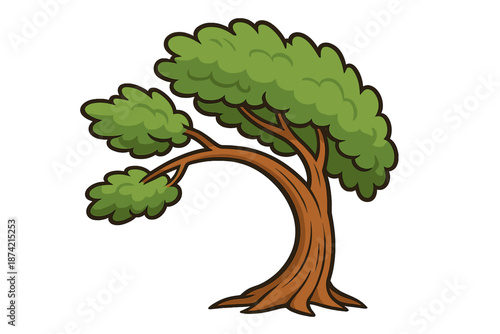 Tree with curved branches and dense green leaves in a simple drawing style