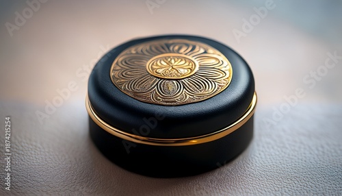 close up of a small black jar with a gold lid the jar appears to be made of leather or a similar material and has a textured surface the lid is round and has an intricate design on it