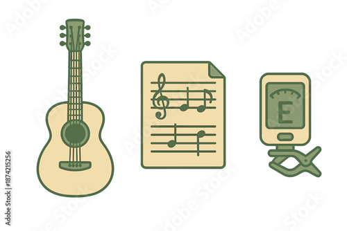 Musical tools for guitar practice including an instrument, sheet music, and a tuner