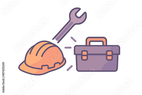 Construction tools and safety gear are placed together on a white background for work-related activities