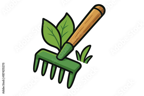 Gardening tool rests on the ground with green plants nearby during a sunny day in a backyard garden