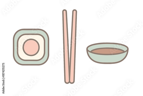 Sushi rolls with chopsticks and dipping sauce on a plain table during lunch time