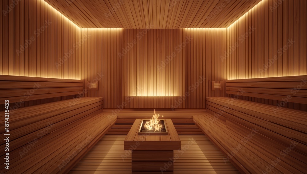 Fototapeta premium Contemporary sauna featuring wooden paneling and LED illumination, designed for relaxation areas