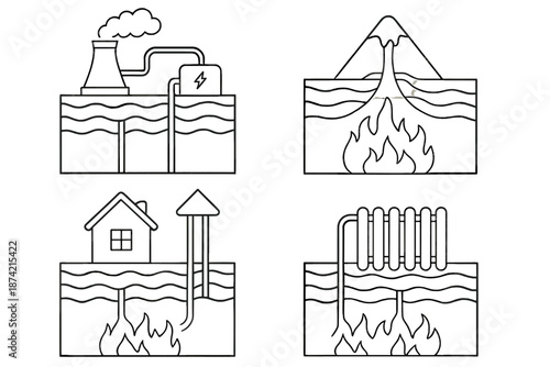 Different methods of geothermal energy production in four rectangular boxes showing various processes and equipment